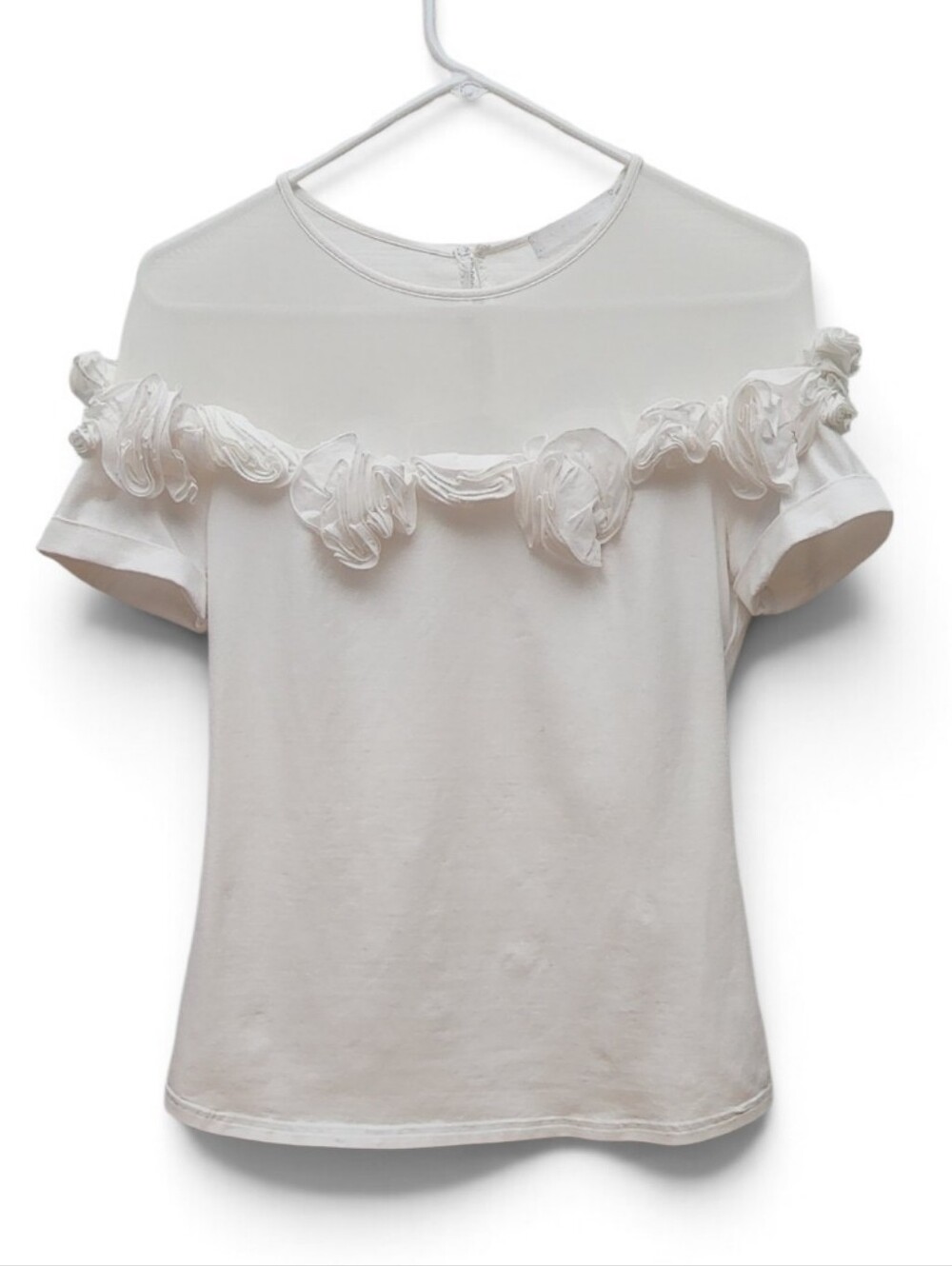 Anne Fontaine Pierina White 3D Floral Appliqué Mesh Yoke Short Sleeve Top Sz 38